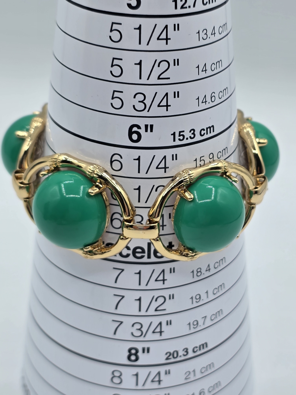 Stella & Dot Gold Bamboo Link Bracelet Green Cabochon Statement Jewelry 6.5-7.5” - Picture 7 of 9